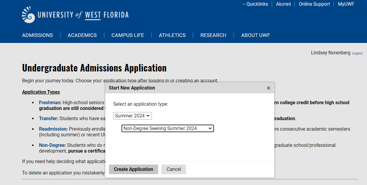 Start New Application window asking for Application Type