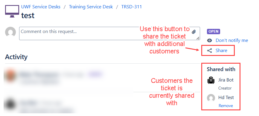 Jira ticket with indications of the Shared With area and the Share button