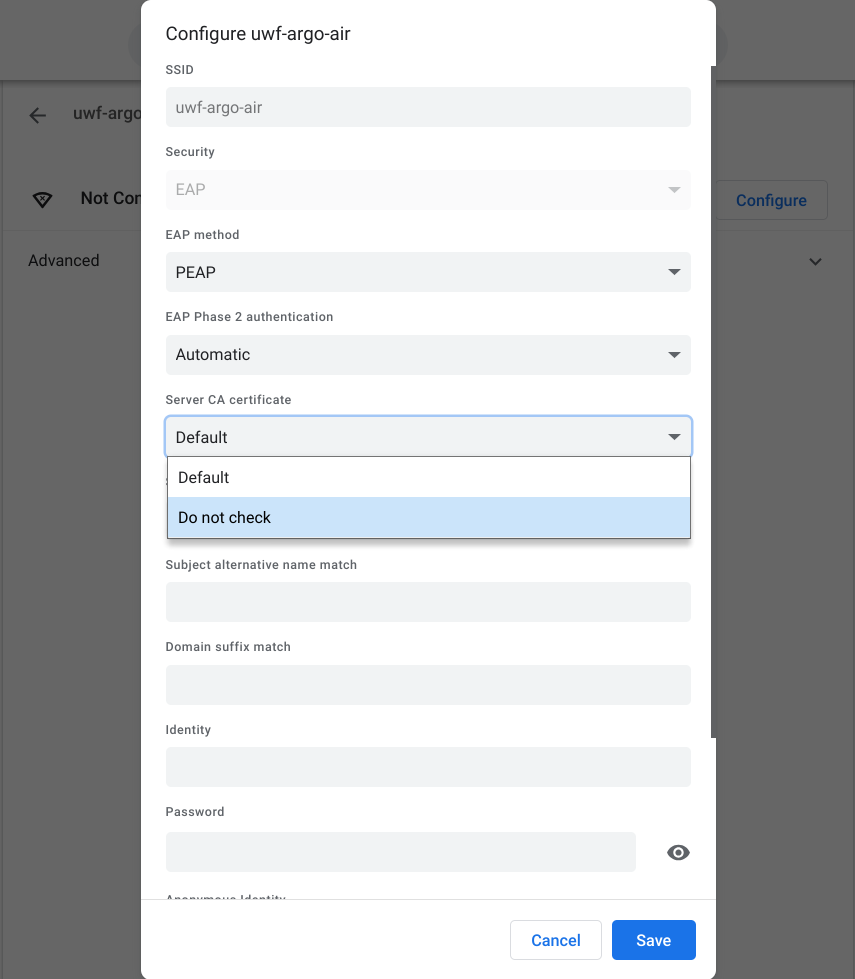 UWF Public Knowledge Base > ArgoAir Setup Instructions: Chromebook > Screenshot 2023-08-24 4.04.28 PM.png Server CA certificate Do not check