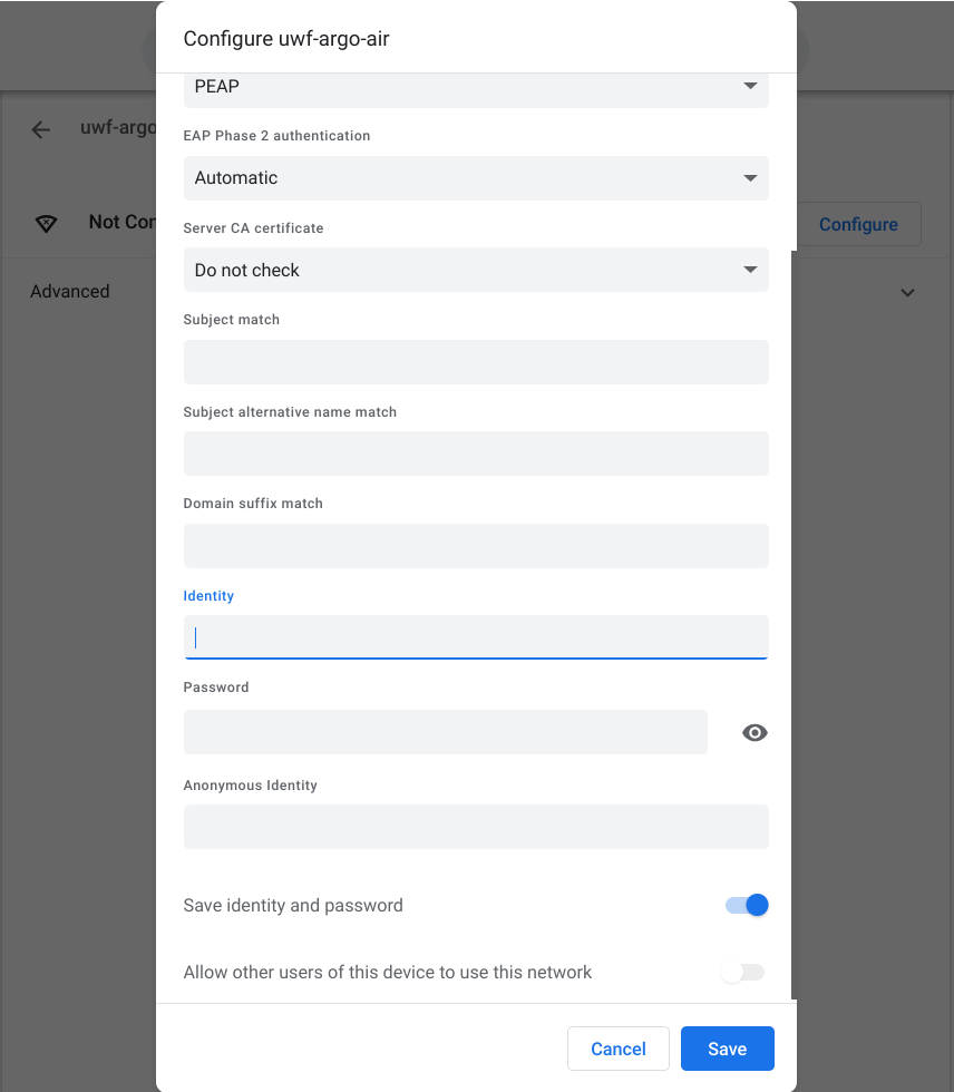 enter username in the identity field and password in the password field