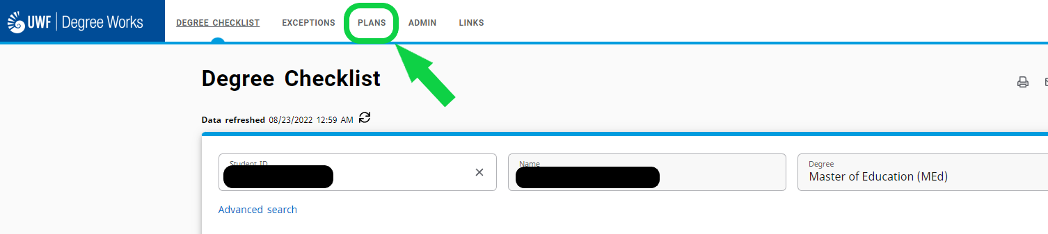 Plans tab displayed - top of degree audit