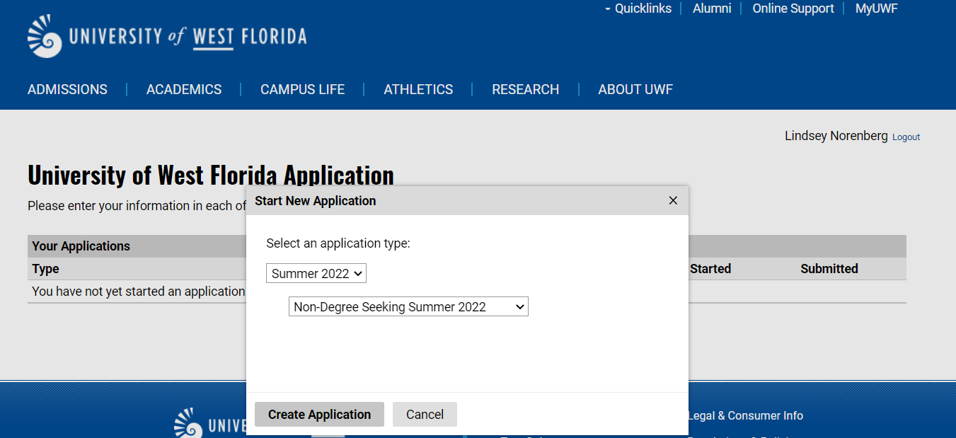 UWF admission application select an application type
