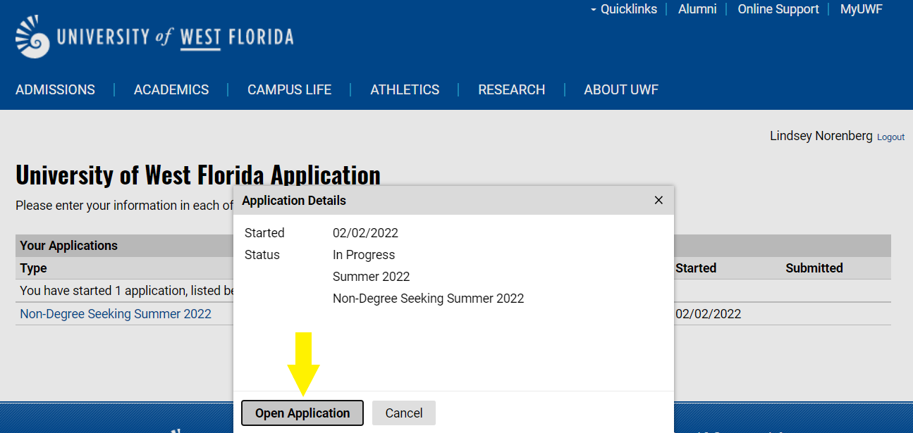 UWF admission application open application