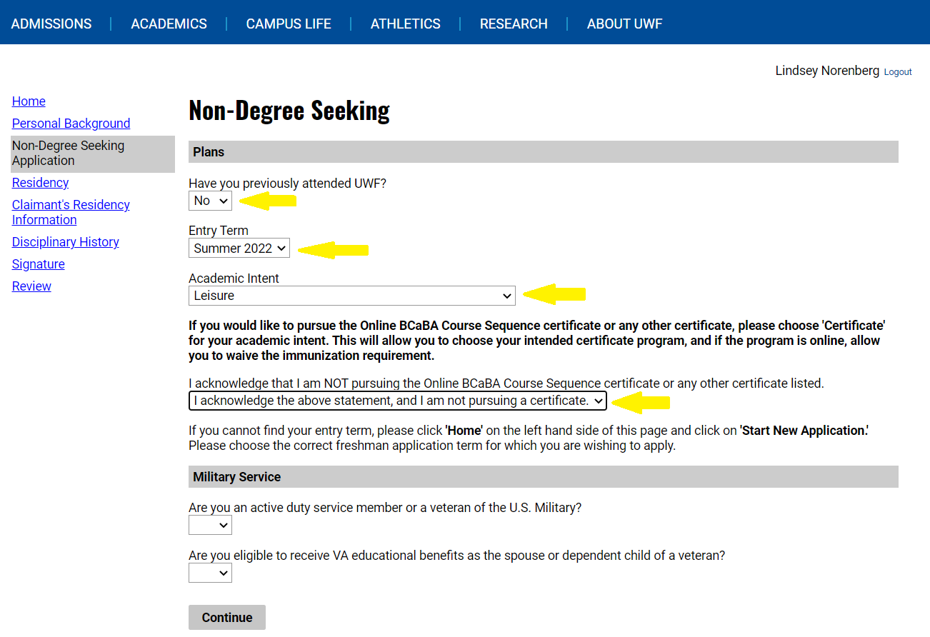 UWF admission application non-degree seeking plans and military service questions