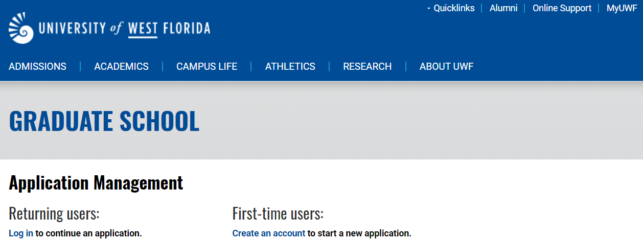 UWF admission application log in screen