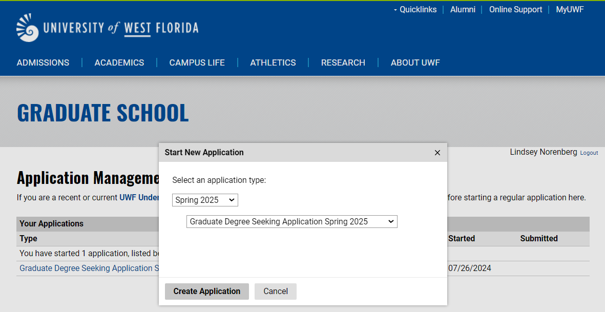 UWF admission application type