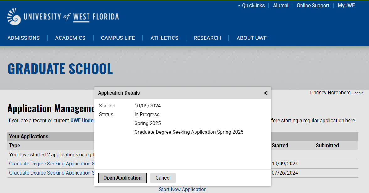 UWF admission open application