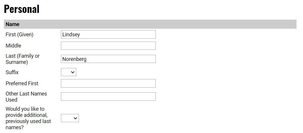 'Personal' section of application