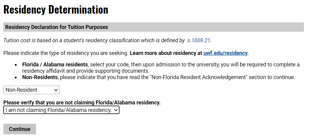 'Residency Determination' section of application