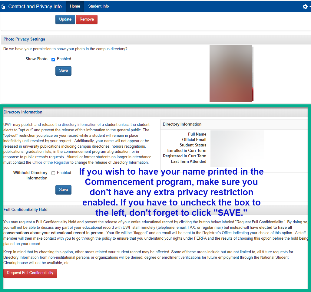 privacy tab displaying the checkbox to disable withholding directory information