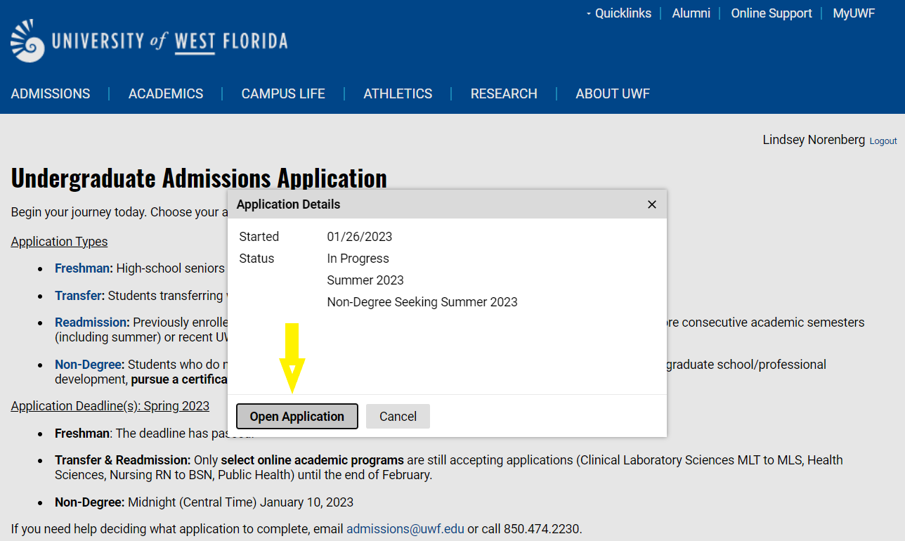 UWF Admission Application Open Application