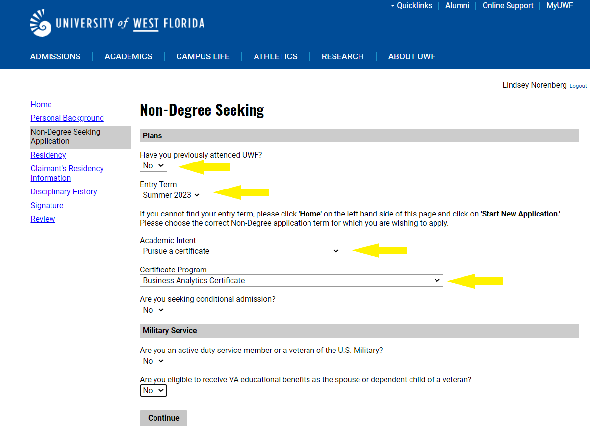 UWF Admission Application Non-Degree Seeking Plans