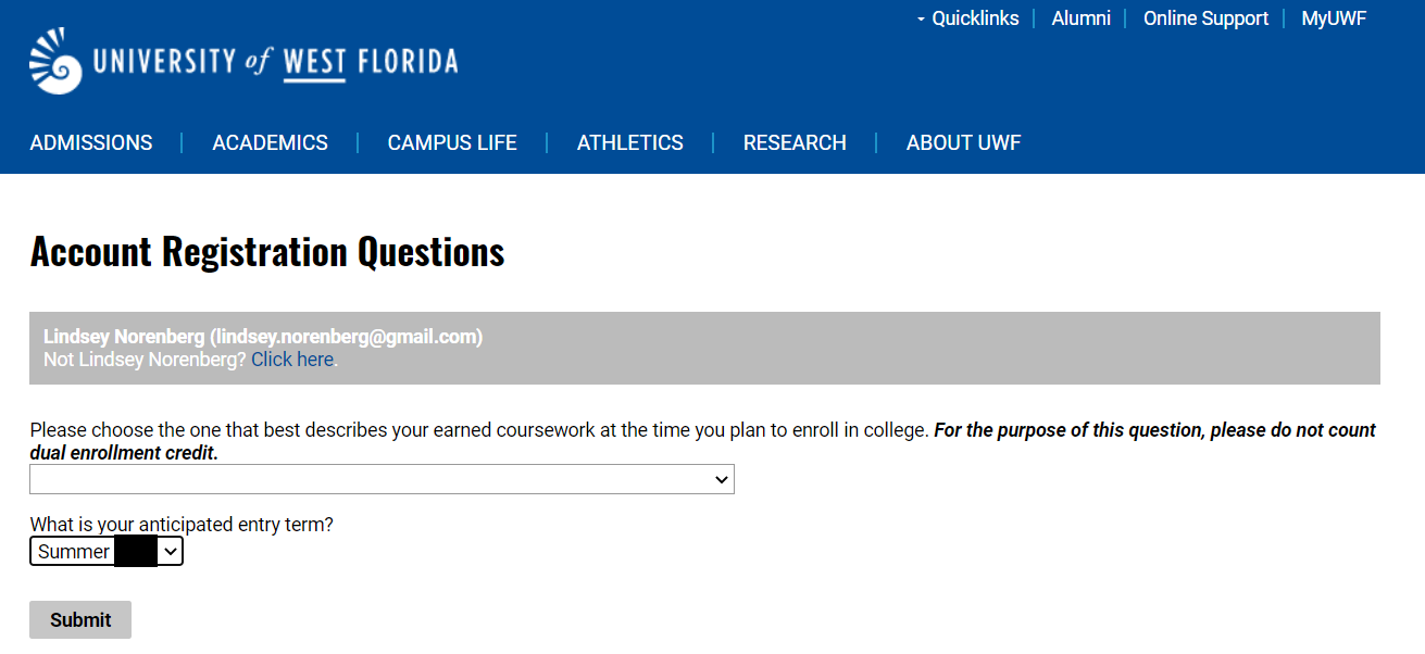 UWF Admission Application Registration Questions