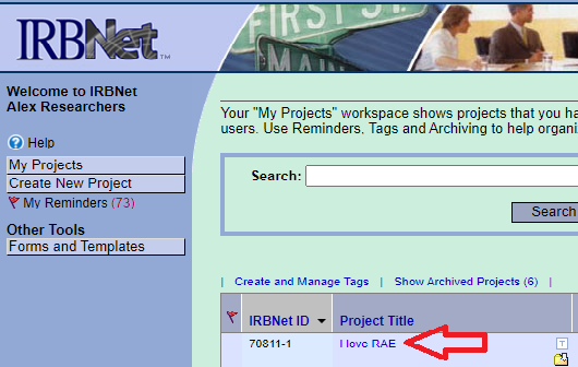 Screen shot of listed project titles under the home page of IRBNet 