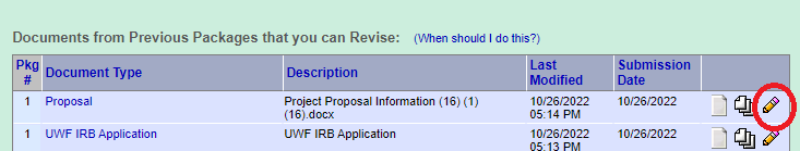 Screen shot of the pencil icon which is the third icon listed next to each file uploaded in IRBNet.