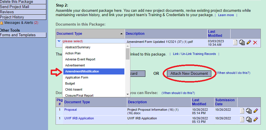 Screen shot of IRBNet after uploading an amendment form