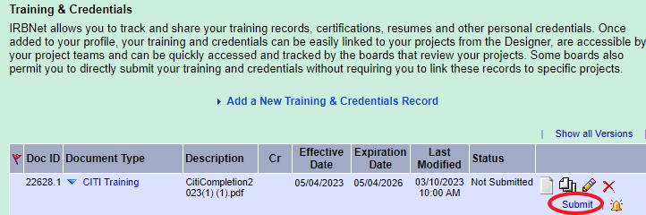 Screen shot of the Submit option in the far right of the row showing the added certificate