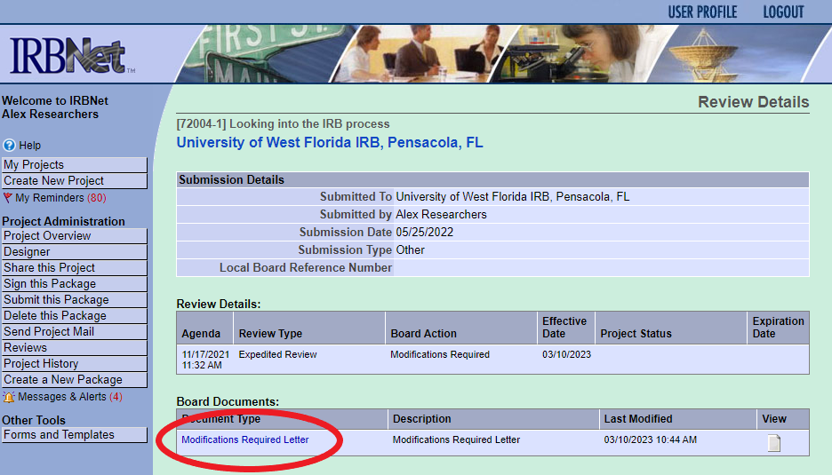 Screen shot of Modifications Required Letter listed under board documents