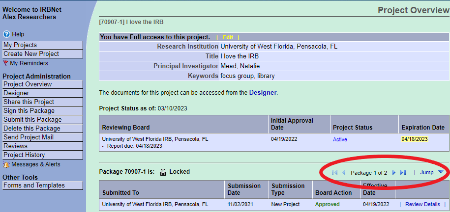 Screen shot of toggle buttons to go to all packages within a project