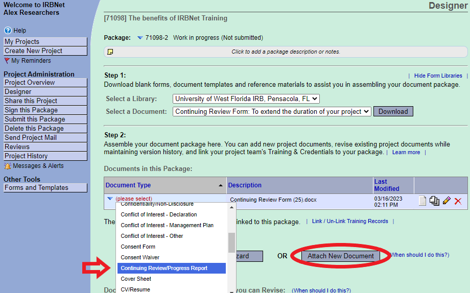 Screen shot of IRBNet where a user is selecting the correct document type label