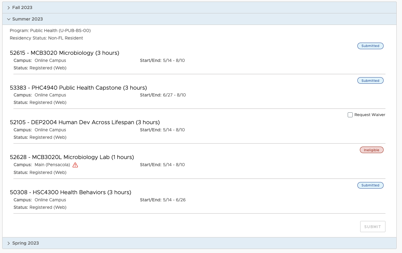 Courses Listed with Request Waiver Link