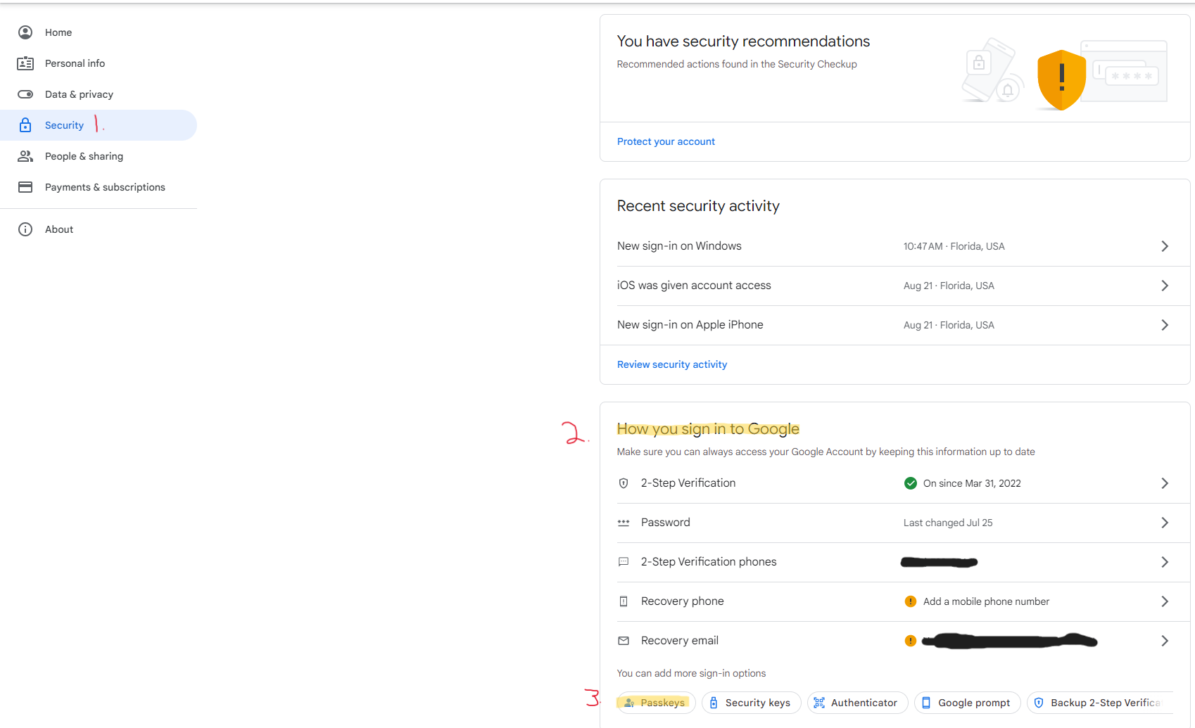 Google settings page