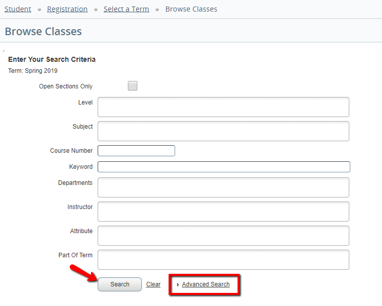 UWF Public Knowledge Base > Searching for Course Offerings > image2019-2-6_13-53-10.png Advanced search link, and Search button