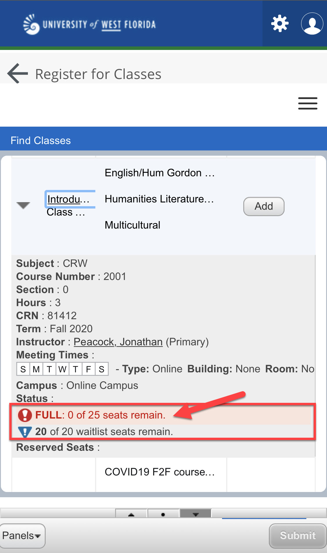 UWF Public Knowledge Base > Registering for Courses > 1.PNG Full Course warning message