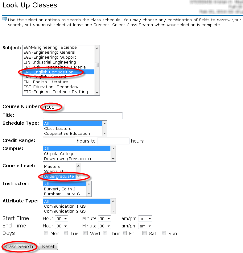 Registration Menu - look up classes parameters