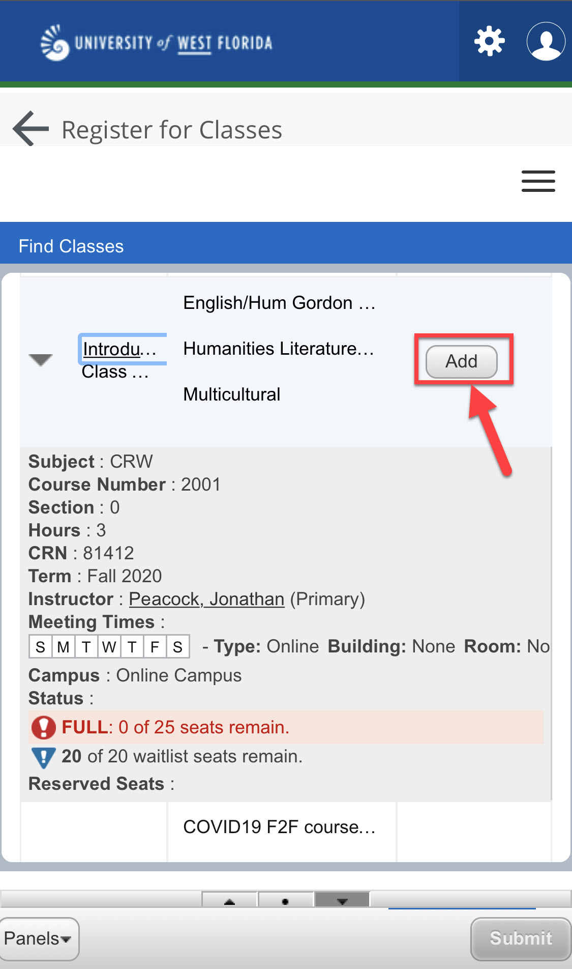 UWF Public Knowledge Base > Registering for Courses > 2.PNG Add button