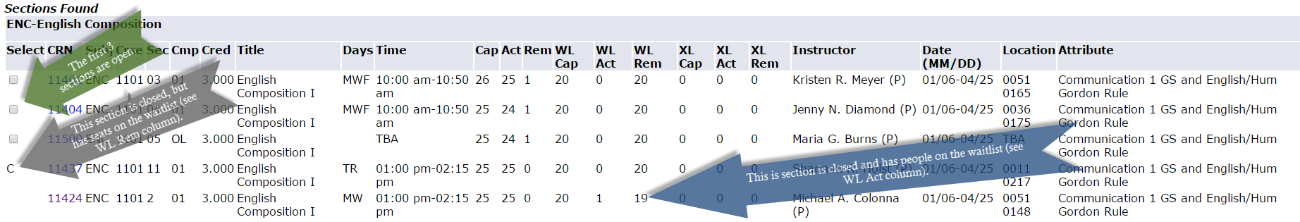 Registration Menu - sections found listing in course search displaying check boxes next to each course