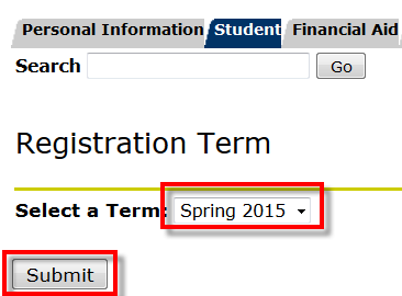 UWF Public Knowledge Base > Registering for Courses > 3-2-2015 12-23-43 PM.png Registration Menu - select term