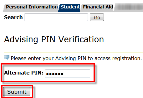 Registration Menu - enter Advising Pin