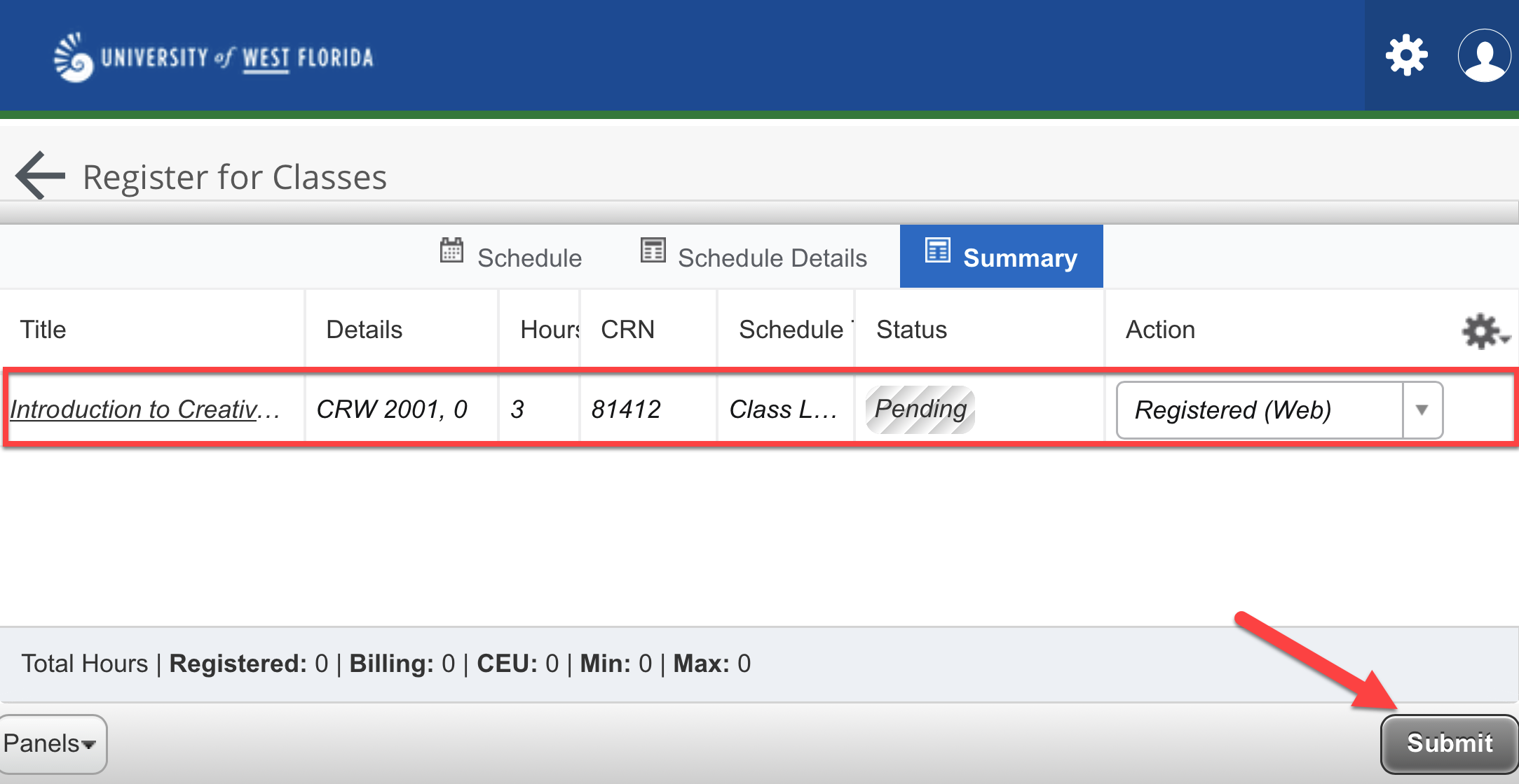UWF Public Knowledge Base > Registering for Courses > 3.PNG Submit button
