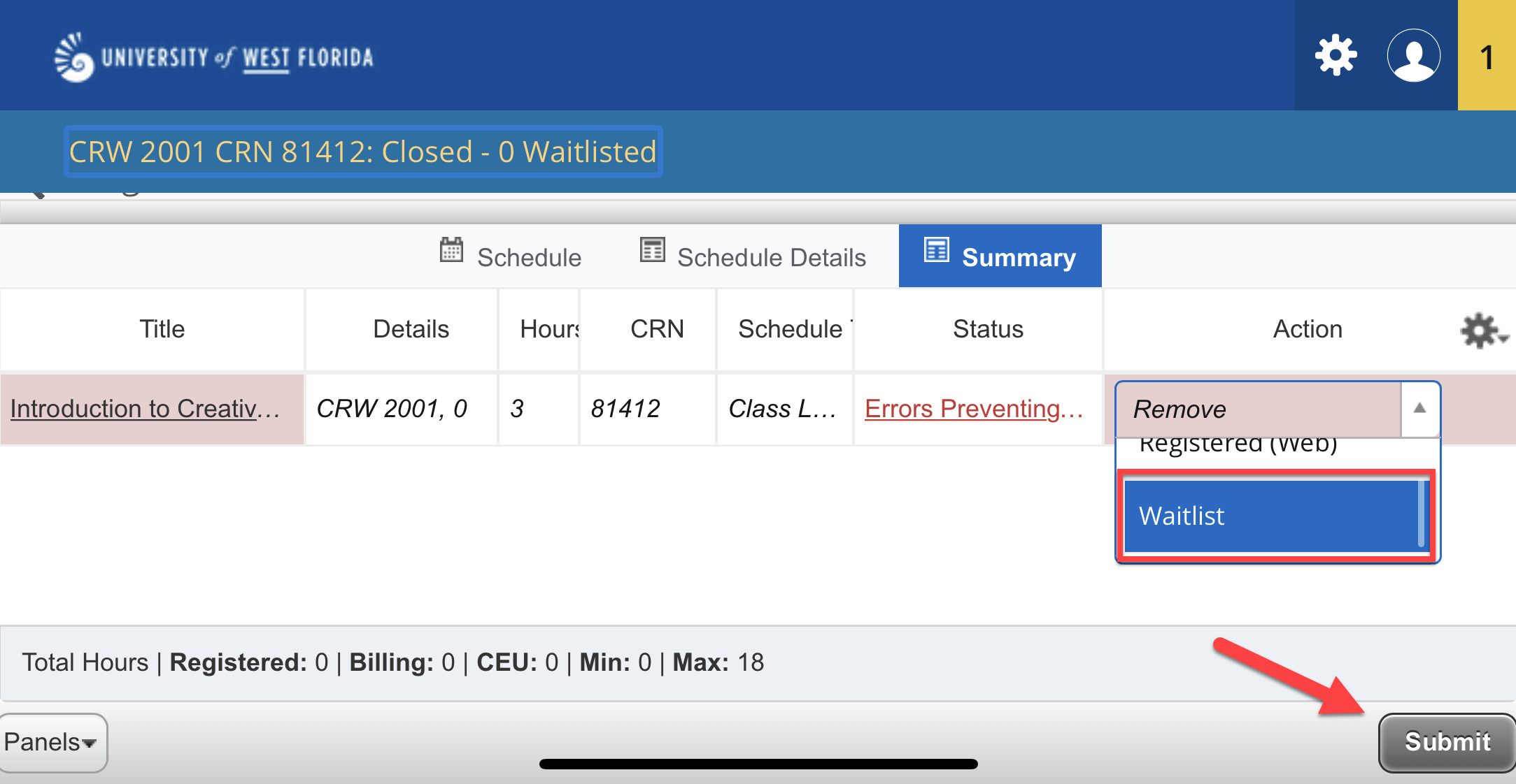 UWF Public Knowledge Base > Registering for Courses > 4.PNG Waitlist option, Submit button