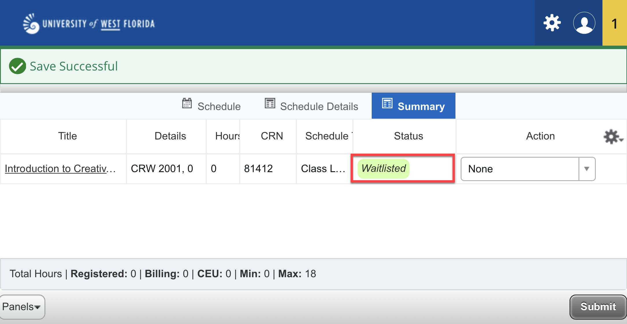 UWF Public Knowledge Base > Registering for Courses > 5.PNG Waitlisted status