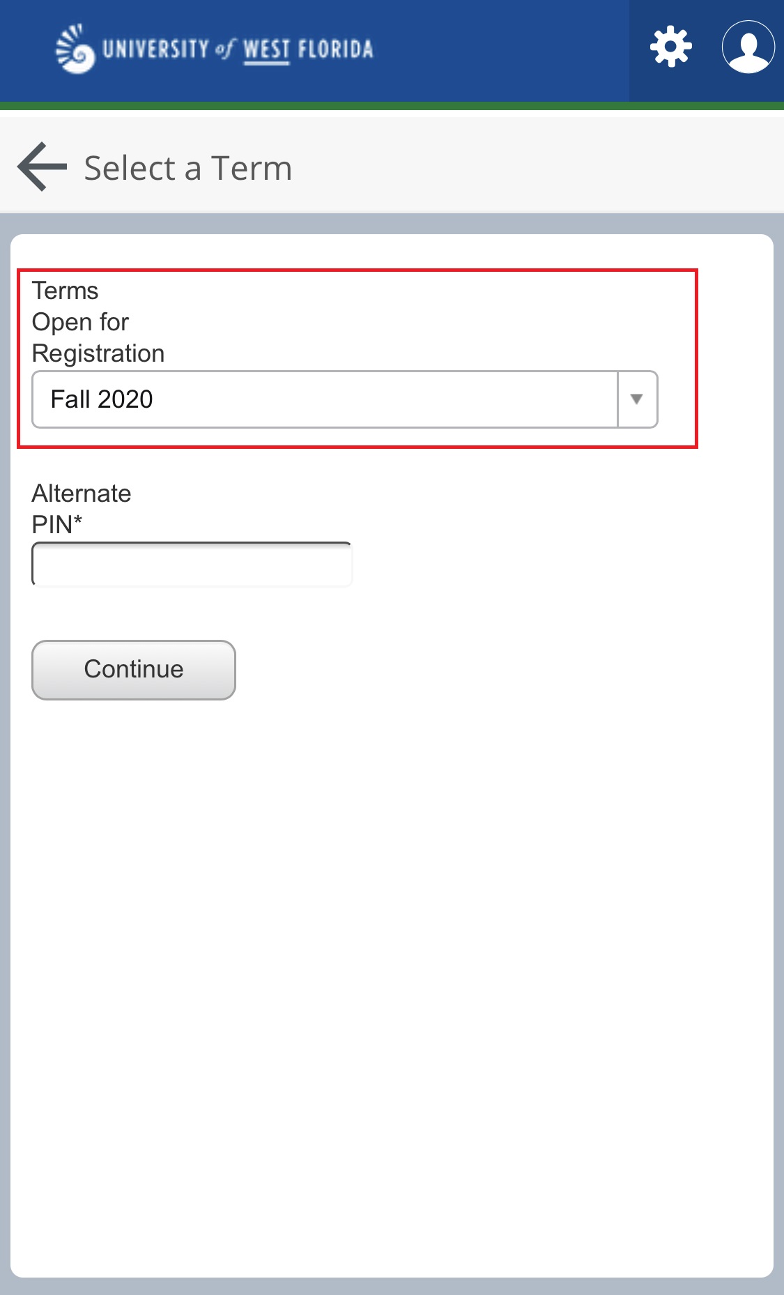 UWF Public Knowledge Base > Registering for Courses > IMG_7388.PNG dropdown menu for term