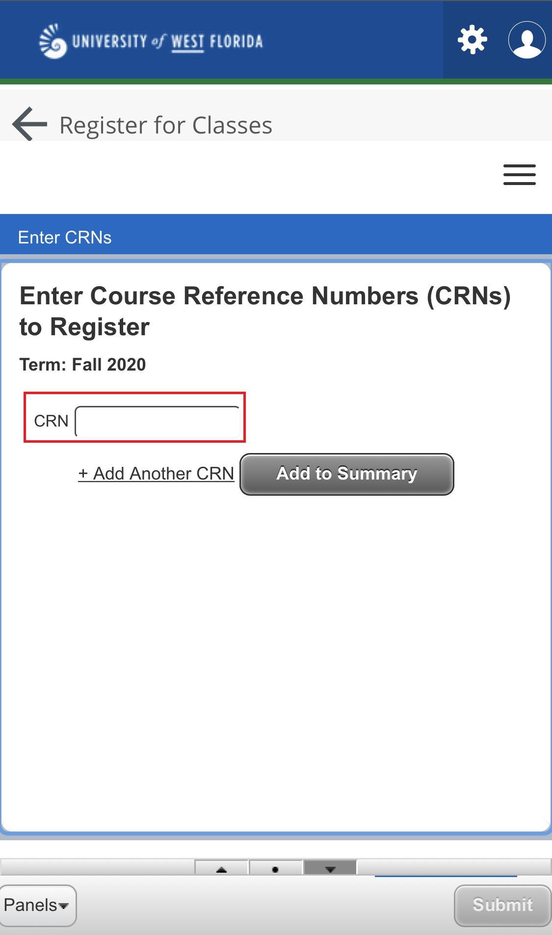 UWF Public Knowledge Base > Registering for Courses > IMG_7393.PNG field for CRN