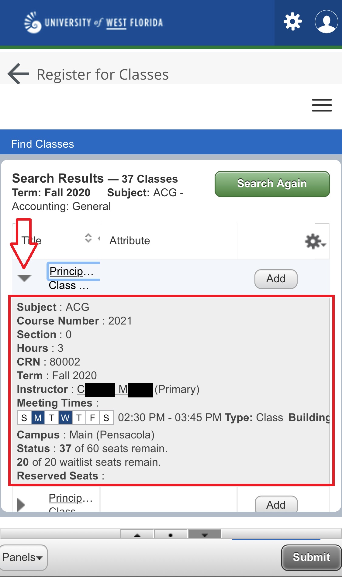 UWF Public Knowledge Base > Registering for Courses > IMG_7399.PNG course details