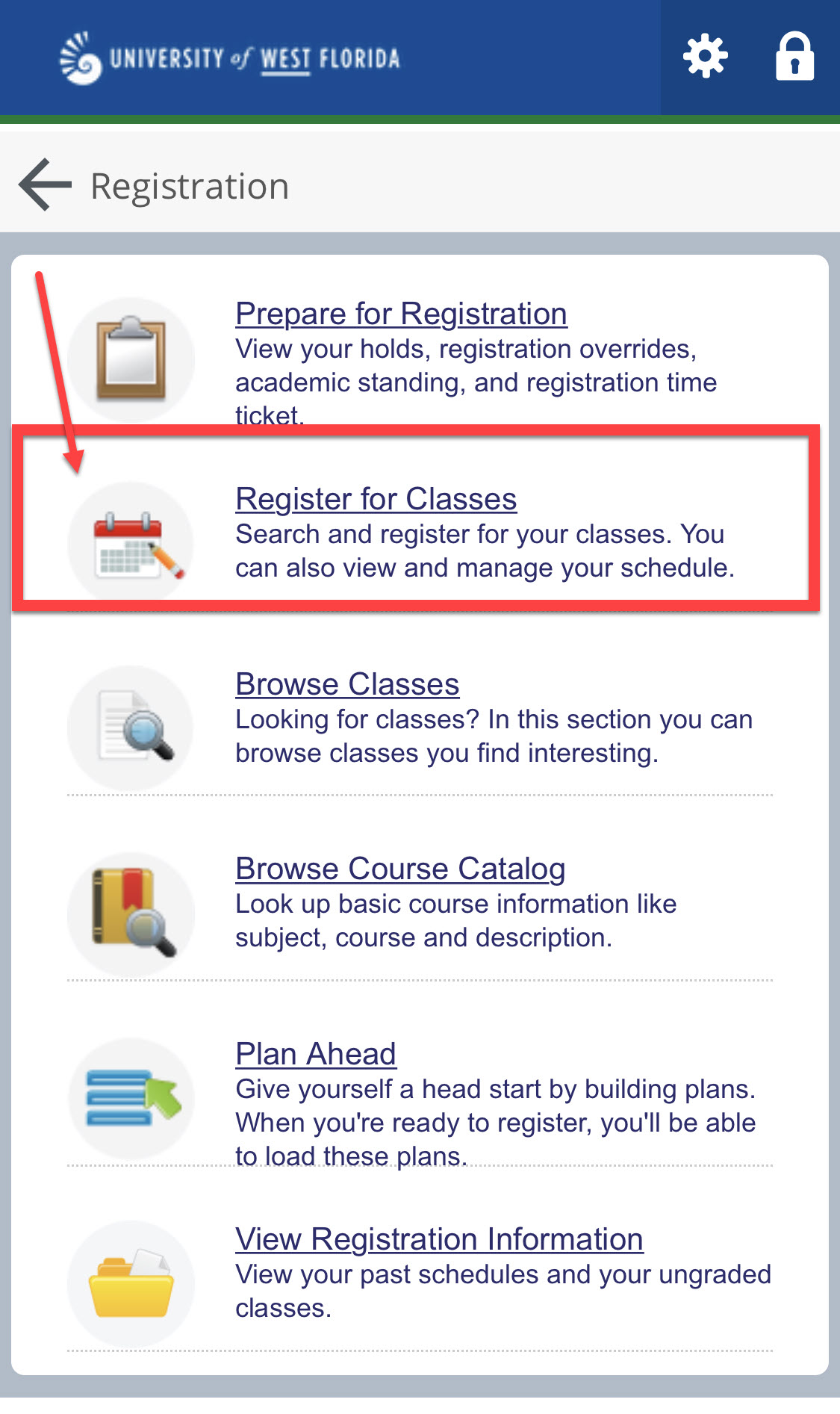 UWF Public Knowledge Base > Registering for Courses > IMG_7500.PNG Register for Classes option