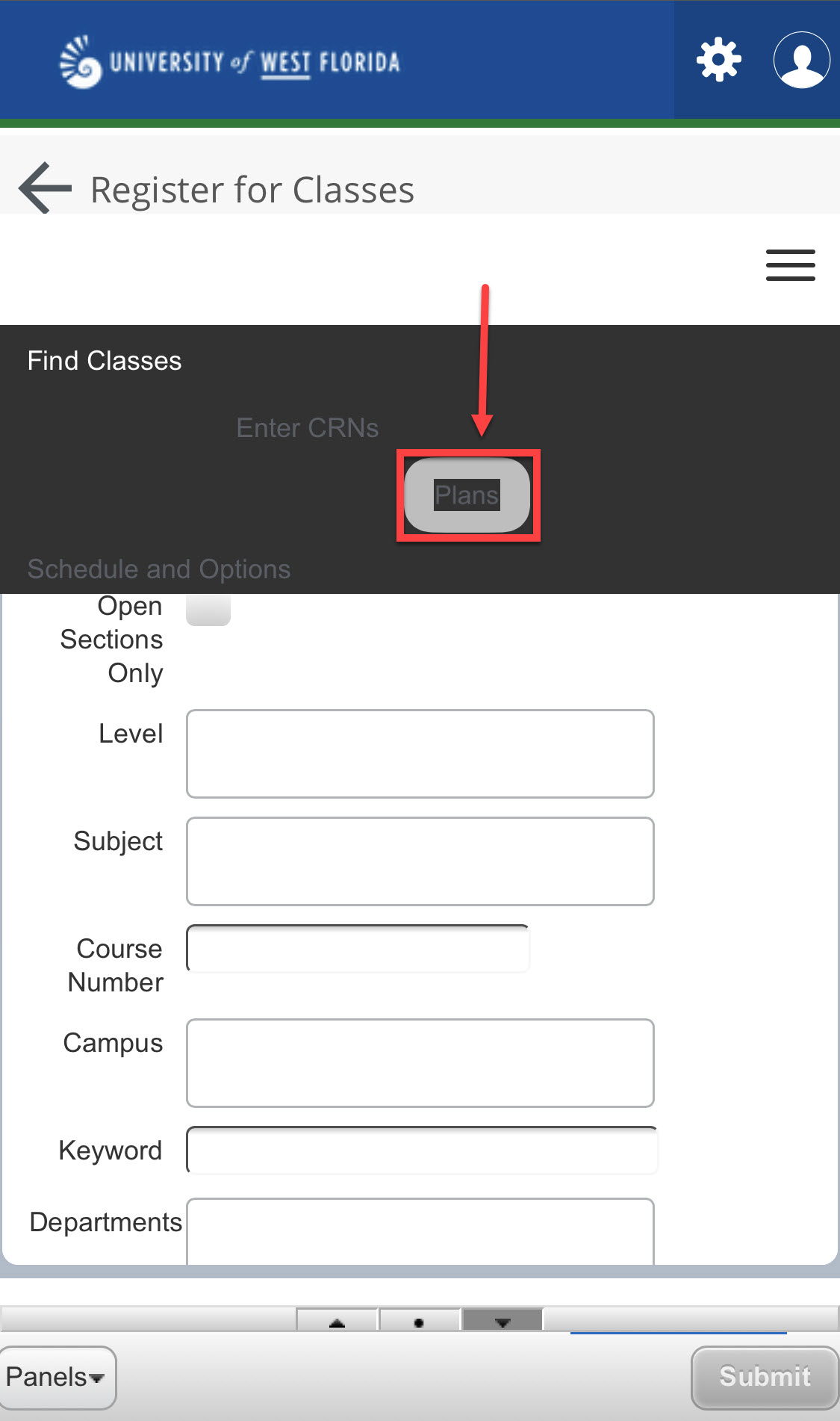 UWF Public Knowledge Base > Registering for Courses > IMG_7504.PNG Plans button