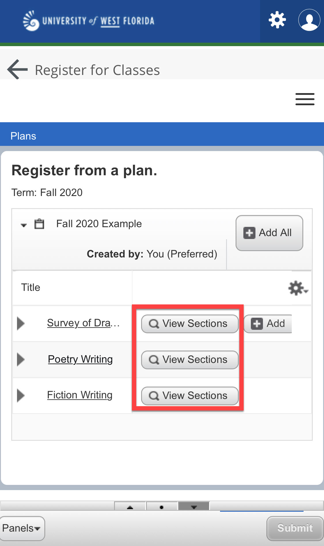 UWF Public Knowledge Base > Registering for Courses > IMG_7507.PNG View Sections buttons