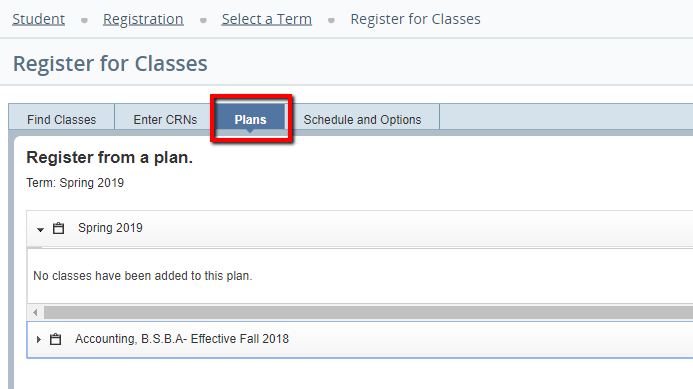 UWF Public Knowledge Base > Registering for Courses > image2019-2-20_10-20-17.png Plans tab