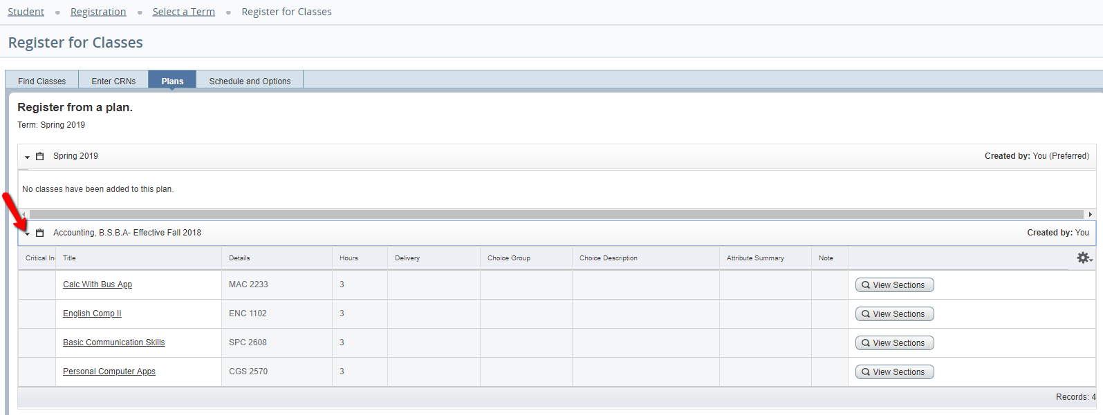 UWF Public Knowledge Base > Registering for Courses > image2019-2-20_10-22-43.png dropdown menu for Degree Works SEP Plan