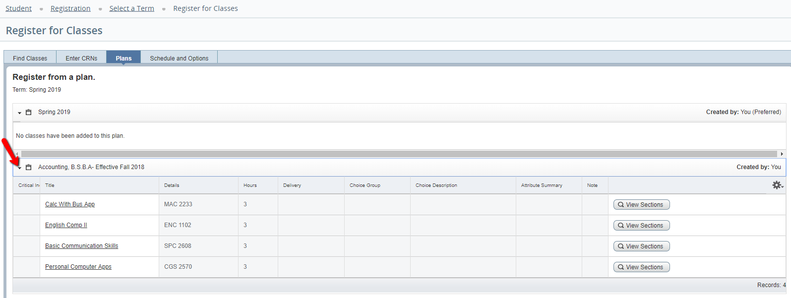 dropdown menu for Degree Works SEP Plan