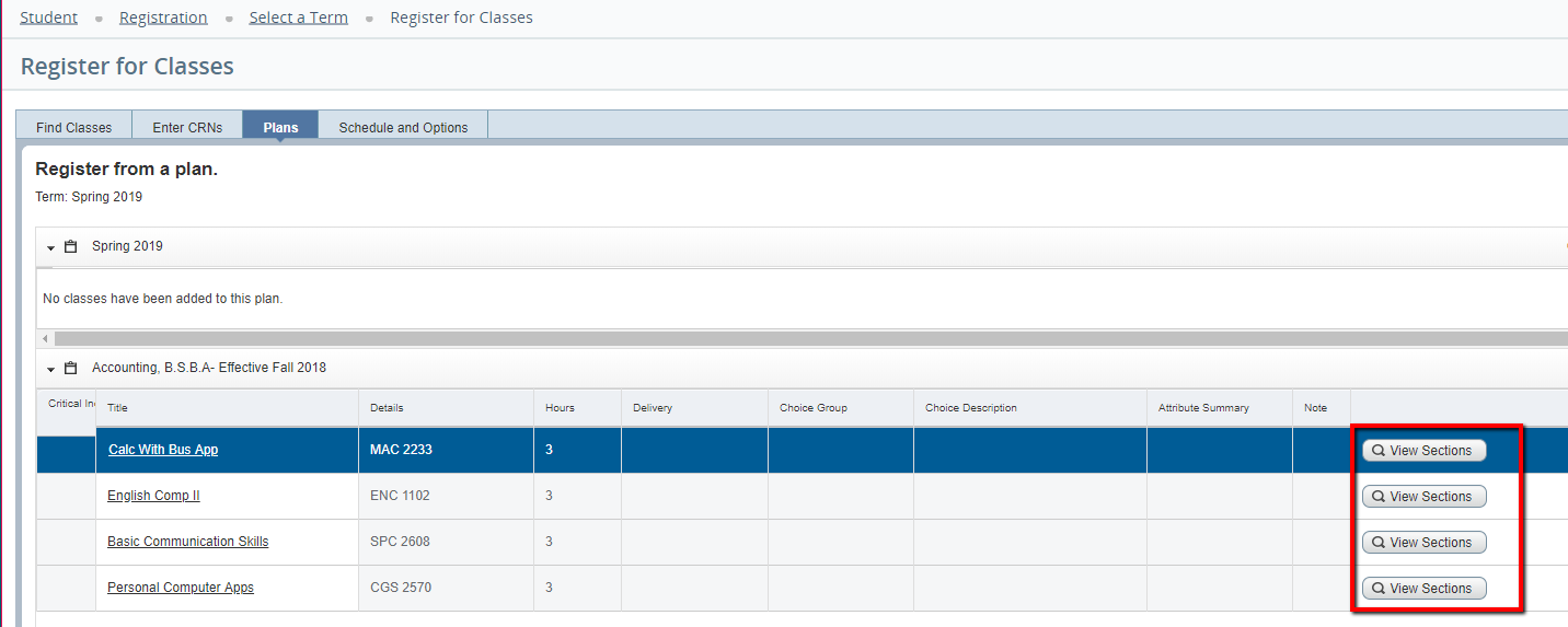 UWF Public Knowledge Base > Registering for Courses > image2019-2-20_10-34-12.png View Sections buttons