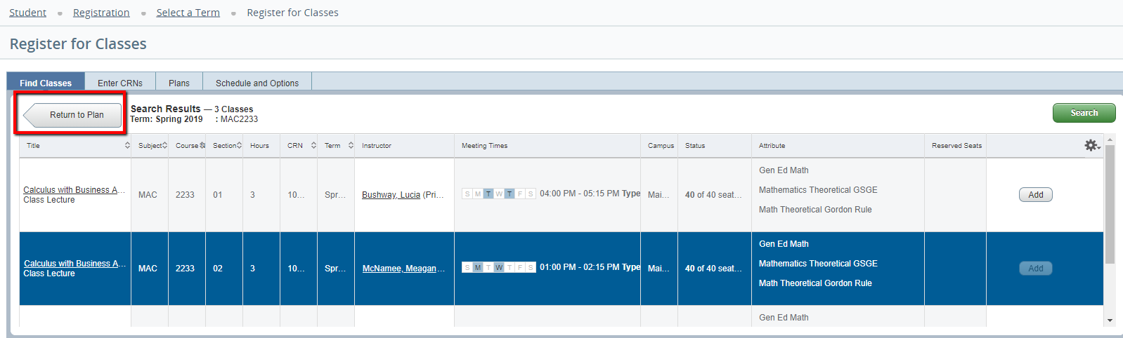 UWF Public Knowledge Base > Registering for Courses > image2019-2-20_10-58-22.png Return to Plan button