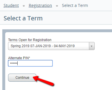 UWF Public Knowledge Base > Registering for Courses > image2019-2-20_9-0-35.png Continue button