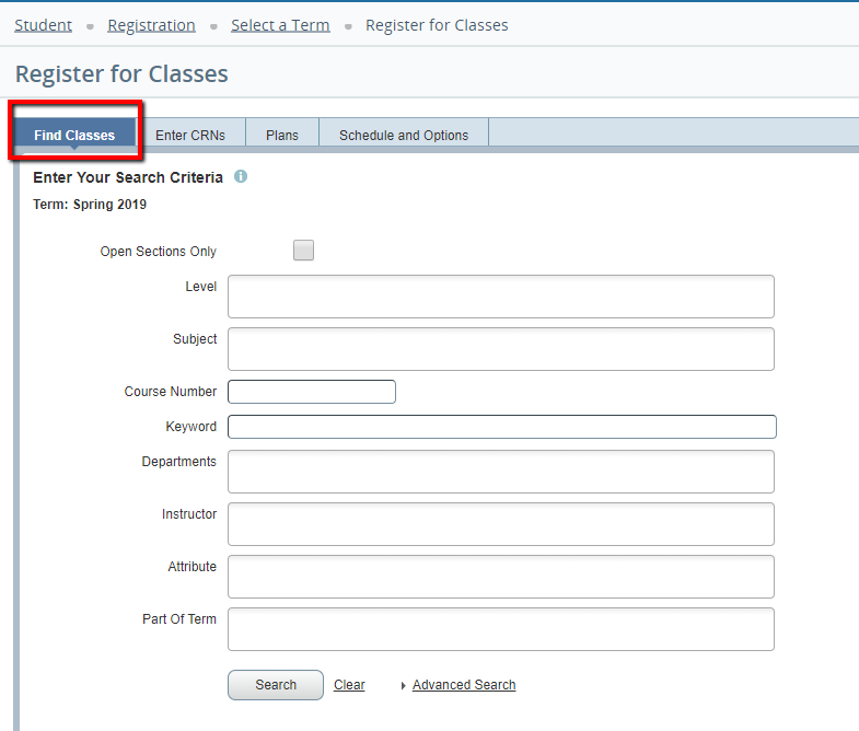 UWF Public Knowledge Base > Registering for Courses > image2019-2-7_13-51-26.png Find Classes tab