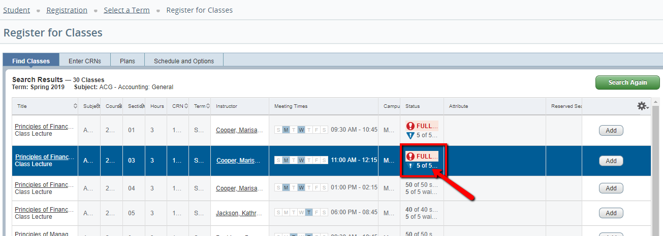 UWF Public Knowledge Base > Registering for Courses > image2019-2-8_16-28-2.png error message for full course